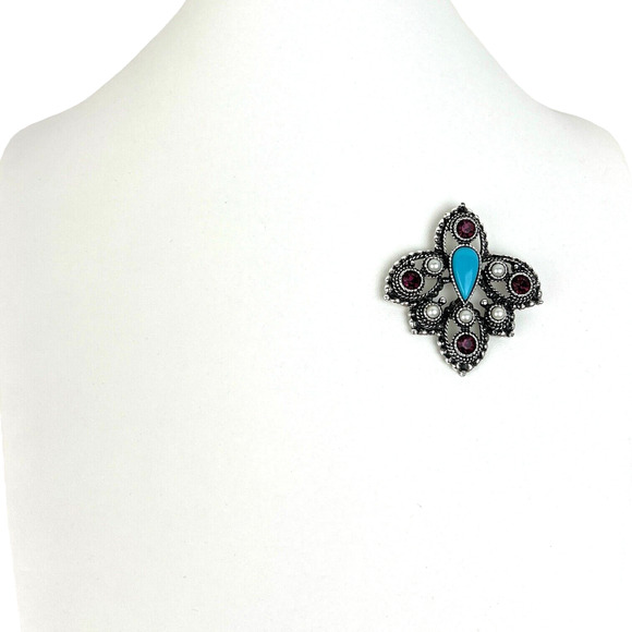 Sarah Coventry Imperial Brooch Pendant Faux Turquoise Purple Stones Silver Tone - Picture 5 of 9